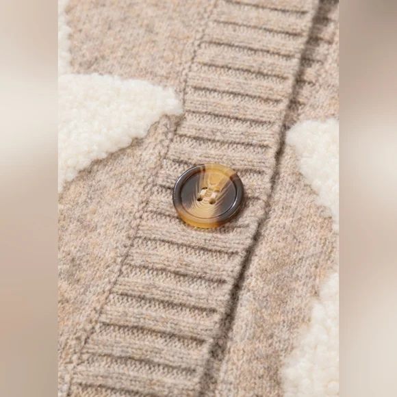Khaki Sherpa Star Pattern Textured Sweater Cardigan with Pockets - Picture 9 of 16